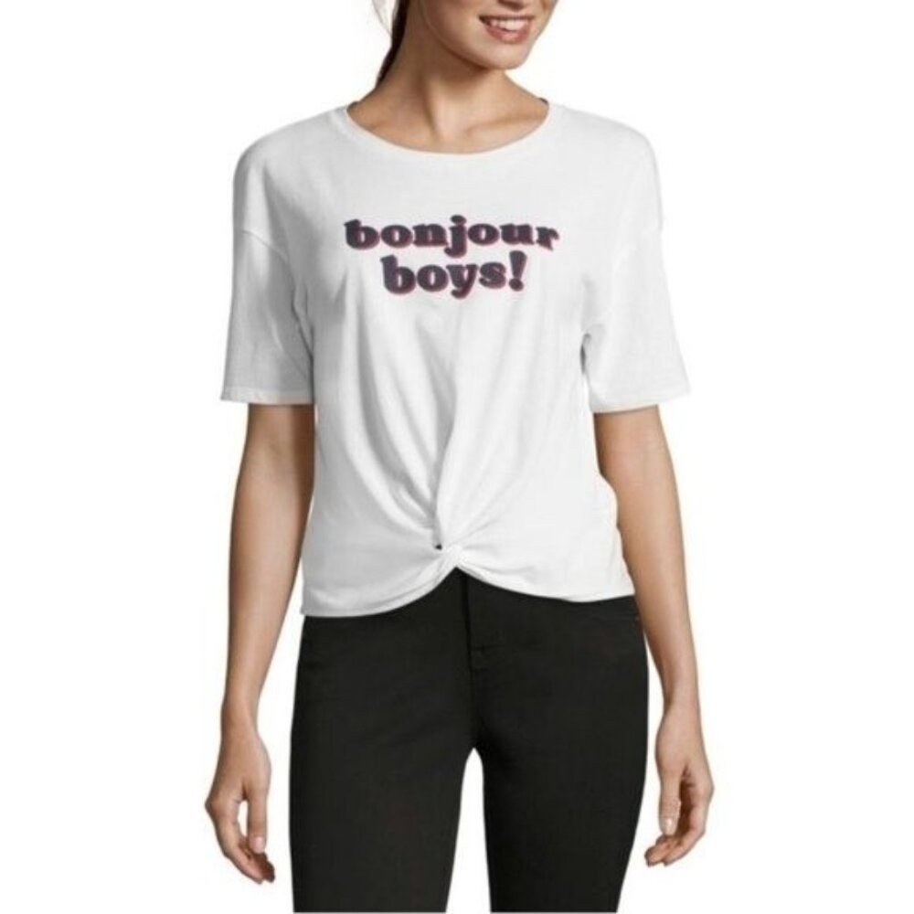 Projec Runway Womenbs Bonjour Boys T Shirt Meidum White Knot front Graphic top